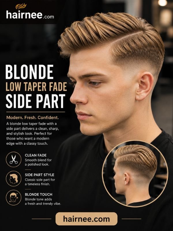 Blonde Low Taper Fade Side Part