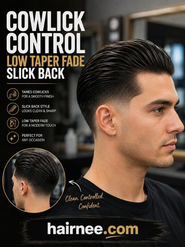 Cowlick Control Low Taper Fade Slick Back