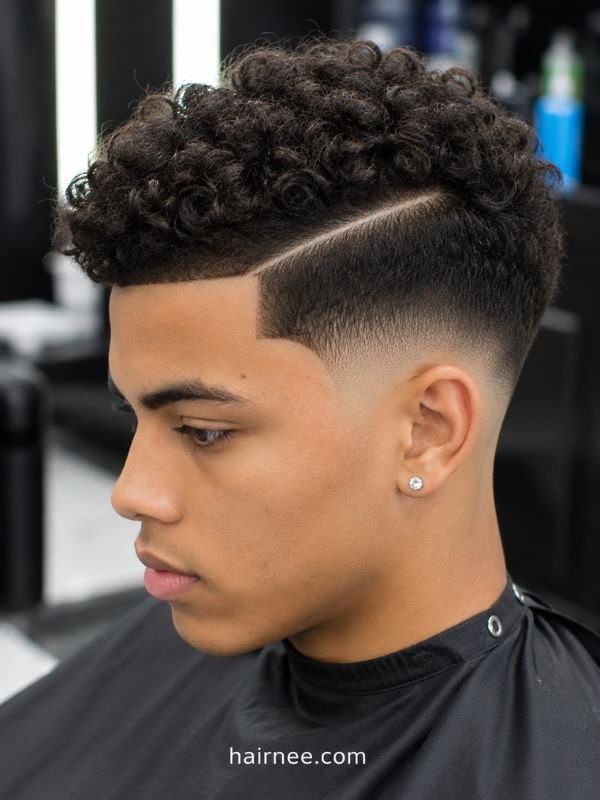 Curly Fade with Hard Part