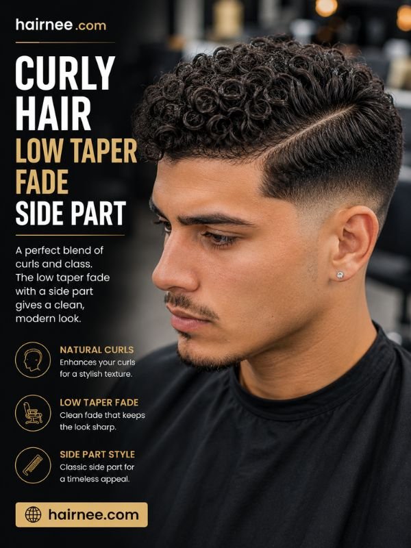 Curly Hair Low Taper Fade Side Part
