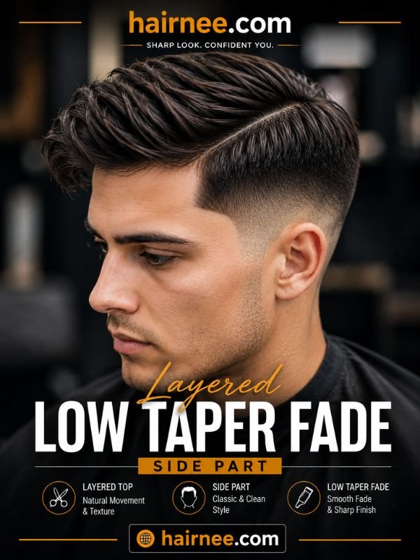 Layered Low Taper Fade Side Part