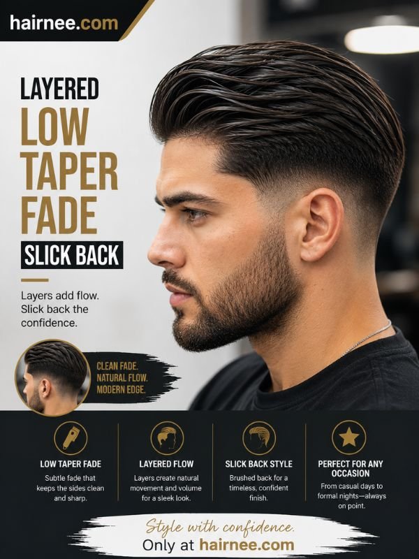 Layered Low Taper Fade Slick Back