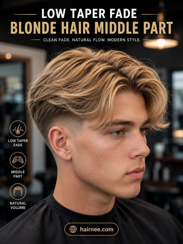 Low Taper Fade Blonde Hair Middle Part