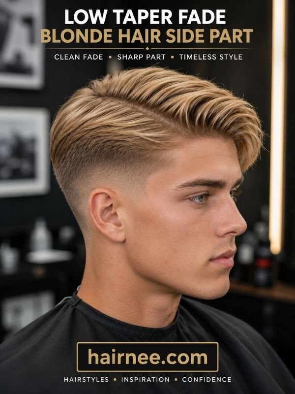 Low Taper Fade Blonde Hair Side Part