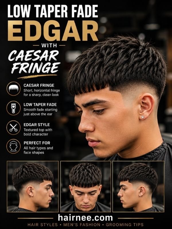 Low Taper Fade Edgar with Caesar Fringe