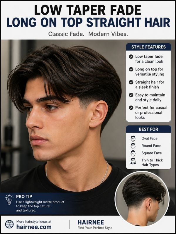 Low Taper Fade Long on Top Straight Hair
