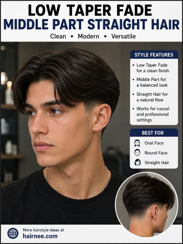 Low Taper Fade Middle Part Straight Hair