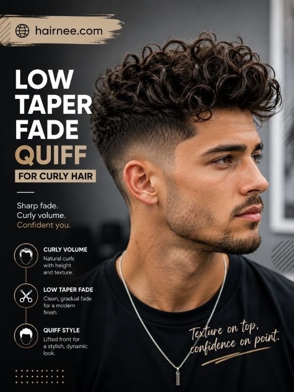 Low Taper Fade Quiff for Curly Hair