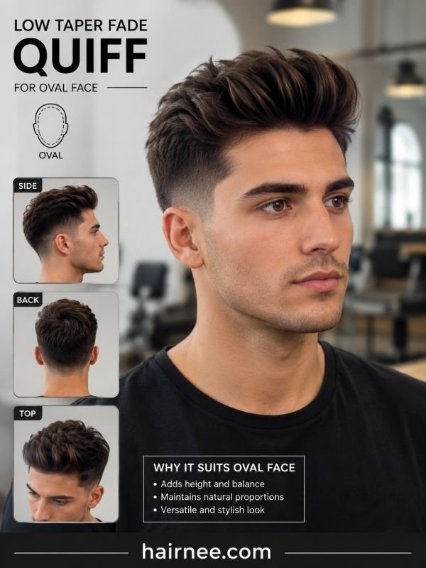 Low Taper Fade Quiff for Oval Face