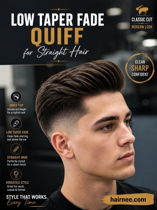 Low Taper Fade Quiff for Straight Hair