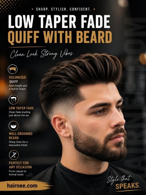 Low Taper Fade Quiff with Beard