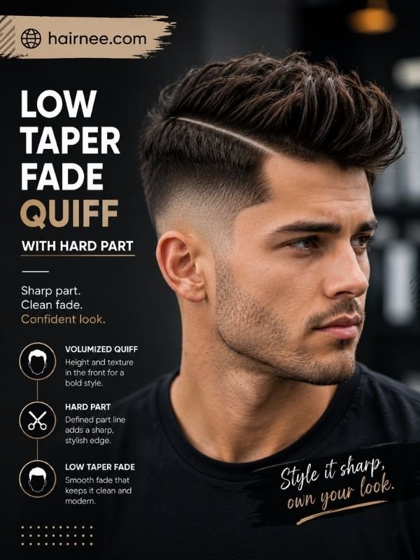 Low Taper Fade Quiff with Hard Part