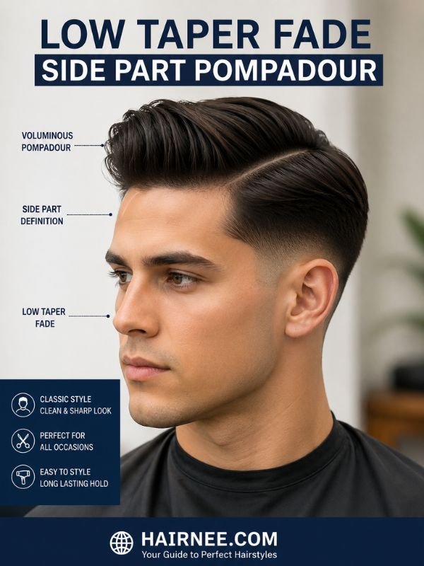 Low Taper Fade Side Part Pompadour