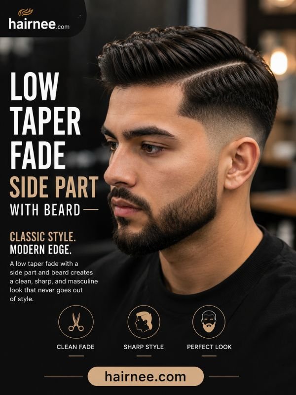 Low Taper Fade Side Part with Beard