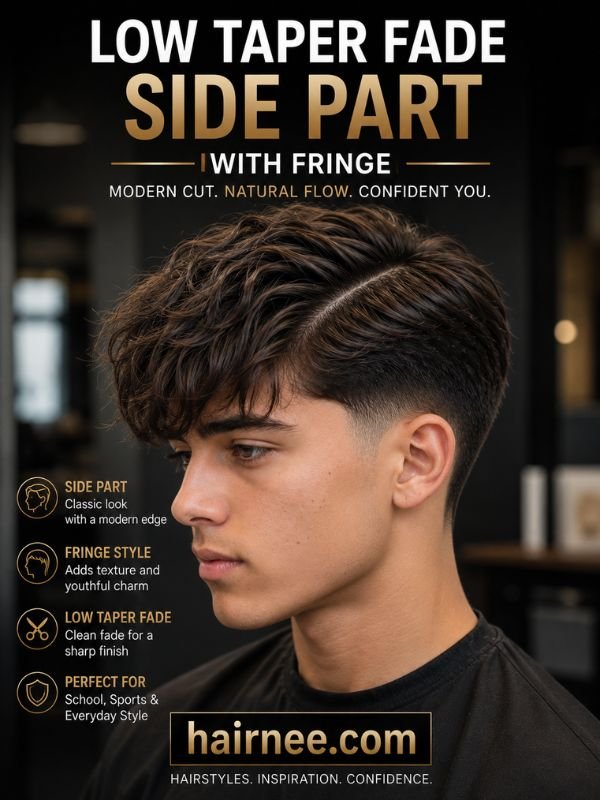 Low Taper Fade Side Part with Fringe