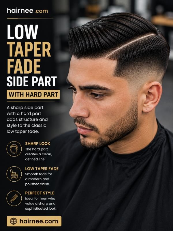 Low Taper Fade Side Part with Hard Part