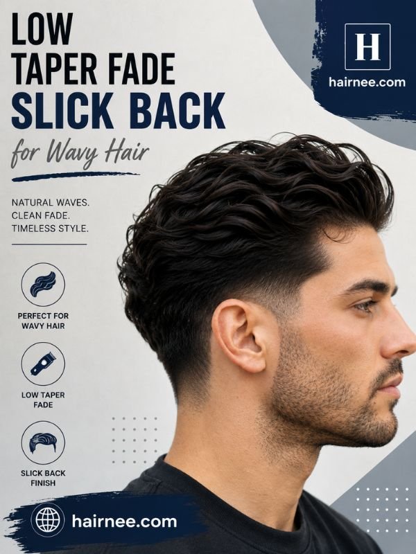 Low Taper Fade Slick Back for Wavy Hair