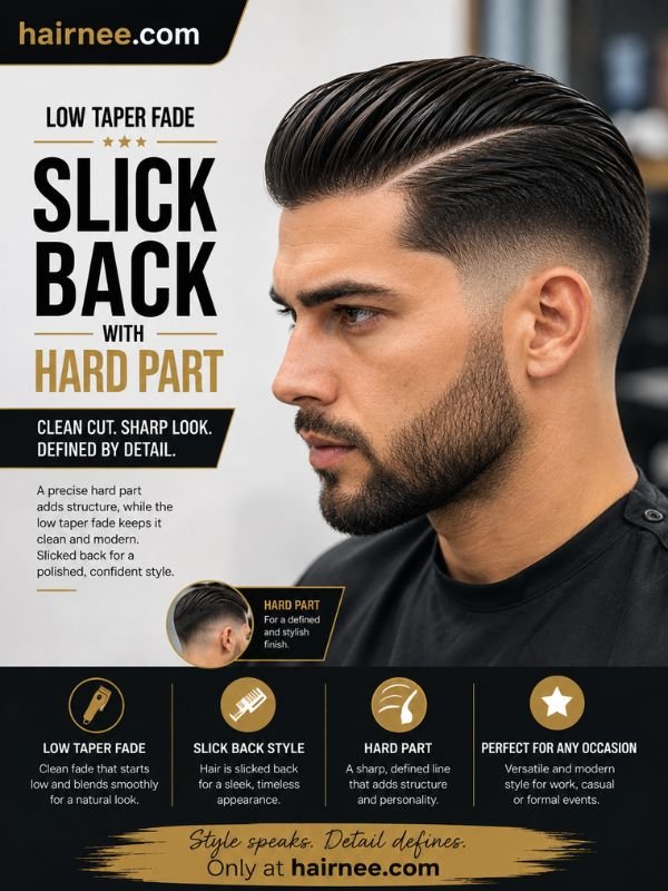 Low Taper Fade Slick Back with Hard Part
