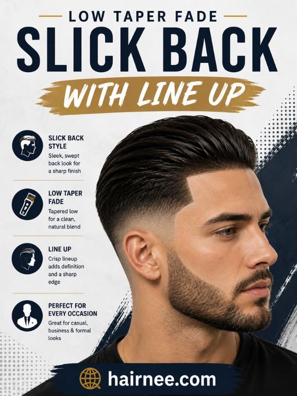Low Taper Fade Slick Back with Line Up
