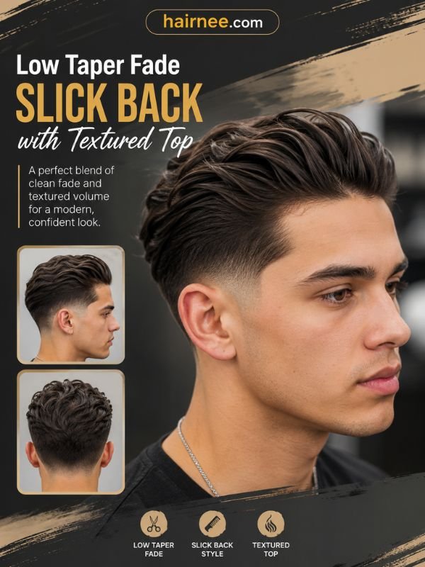 Low Taper Fade Slick Back with Textured Top