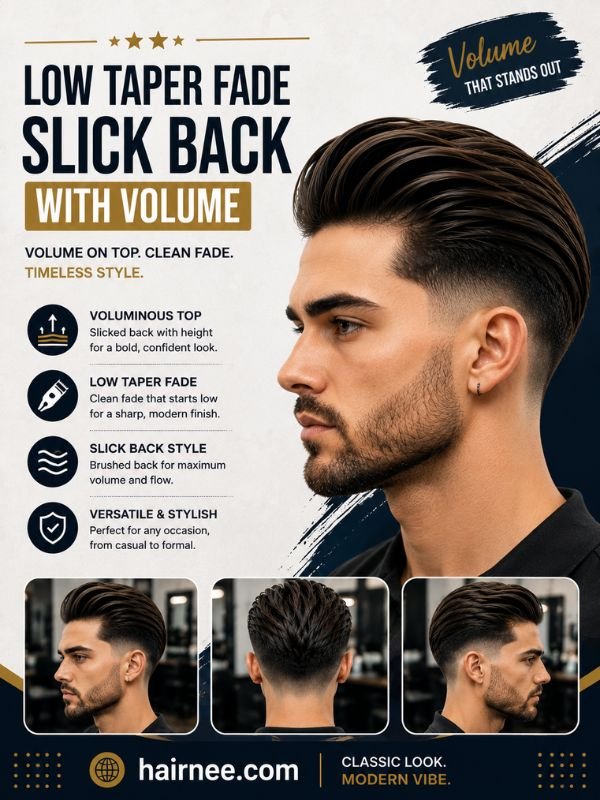 Low Taper Fade Slick Back with Volume