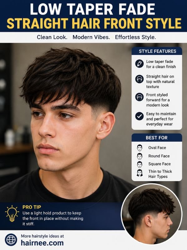 Low Taper Fade Straight Hair Front Style