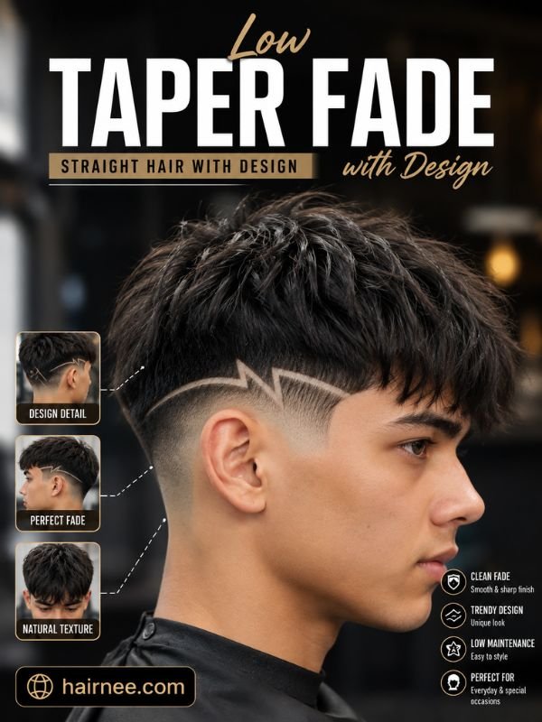 Low Taper Fade Straight Hair with Design