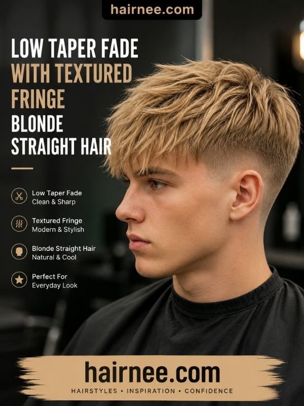 Low Taper Fade With Textured Fringe Blonde Straight Hair