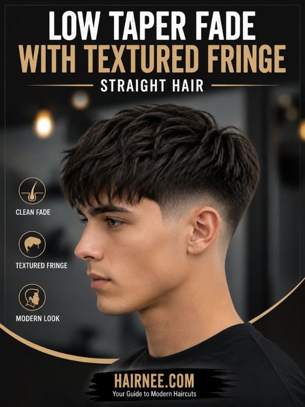 Low Taper Fade with Textured Fringe Straight Hair