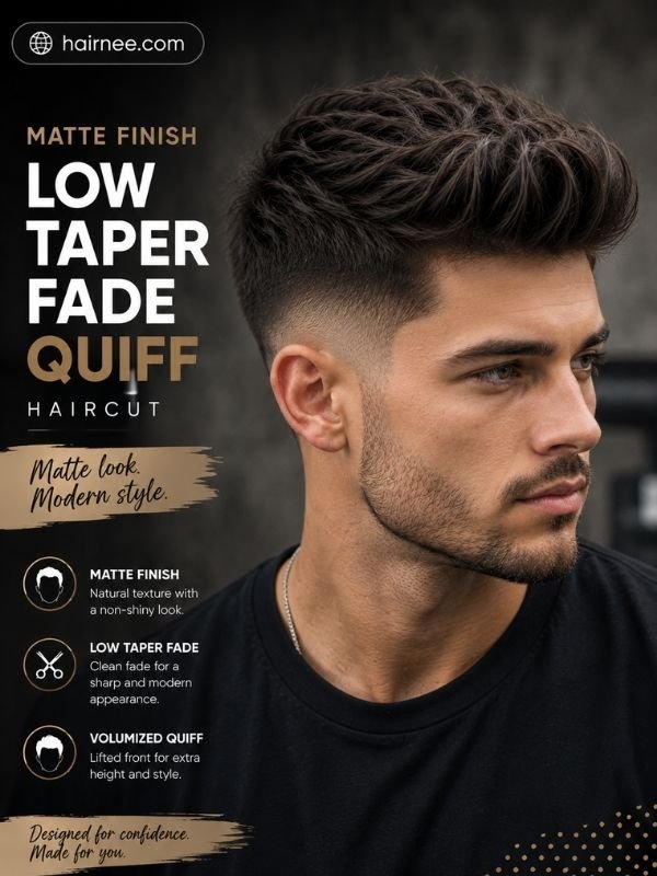 Matte Finish Low Taper Fade Quiff Haircut