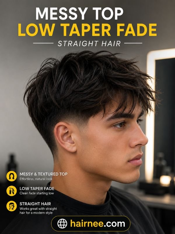 Messy Top Low Taper Fade Straight Hair