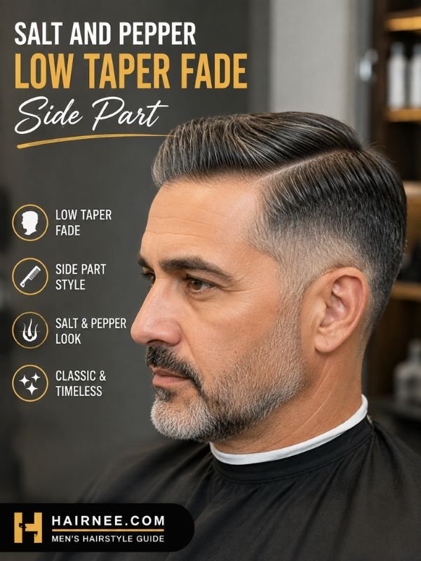 Salt and Pepper Low Taper Fade Side Part