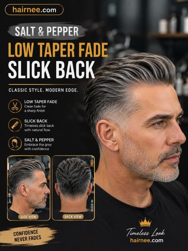 Salt and Pepper Low Taper Fade Slick Back