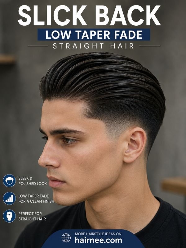 Slick Back Low Taper Fade Straight Hair