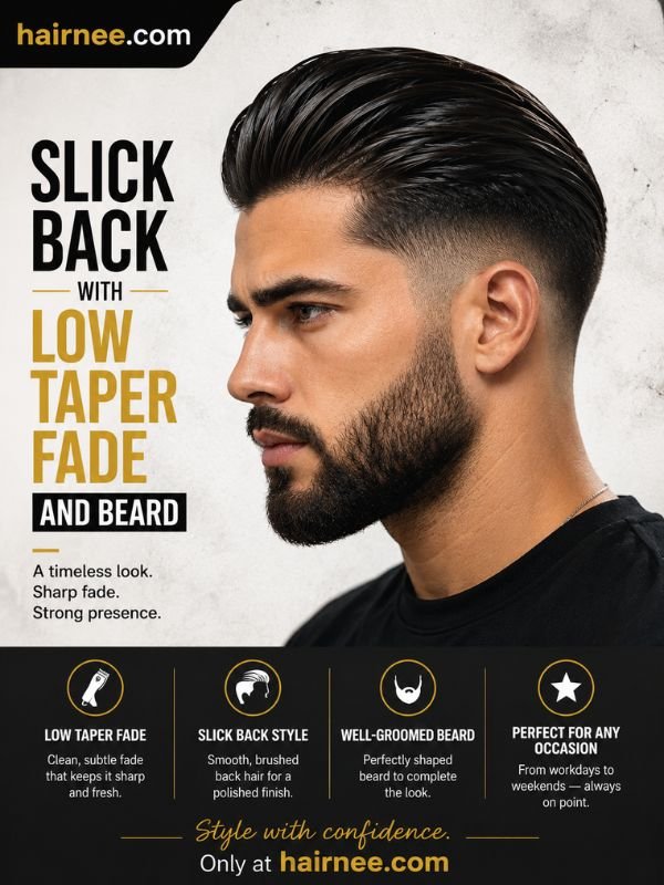Slick Back with Low Taper Fade and Beard