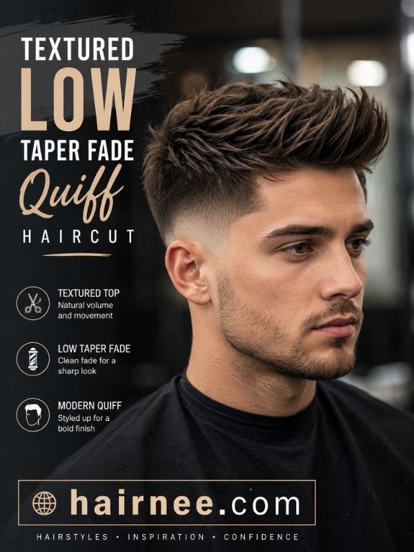 Textured Low Taper Fade Quiff Haircut