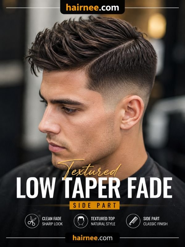 Textured Low Taper Fade Side Part