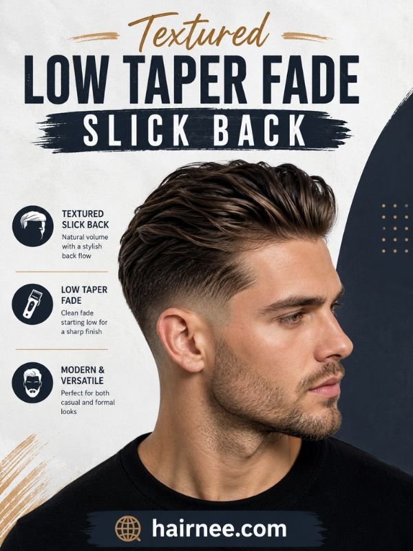Textured Low Taper Fade Slick Back