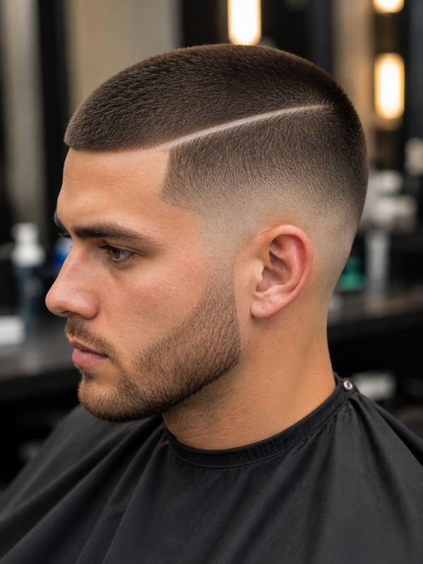Buzz Cut with Hard Part and Low Taper Fade
