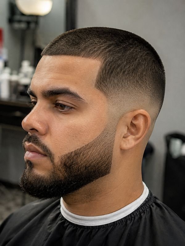 Low Taper Fade Buzz Cut with Beard Fade Design