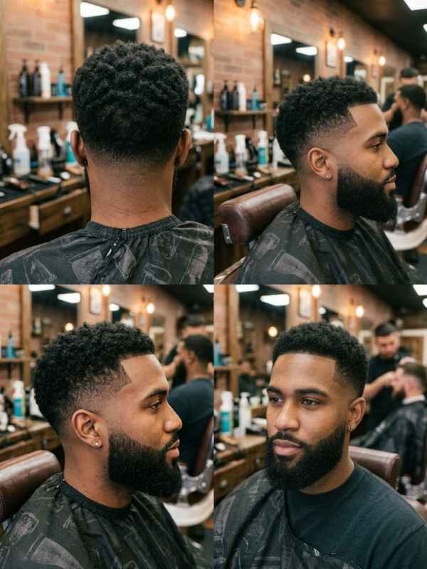 Curly or coily mid taper fade with a shaped beard