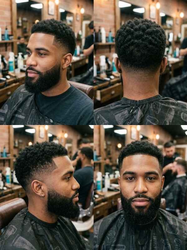 Mid taper fade with a disconnected beard