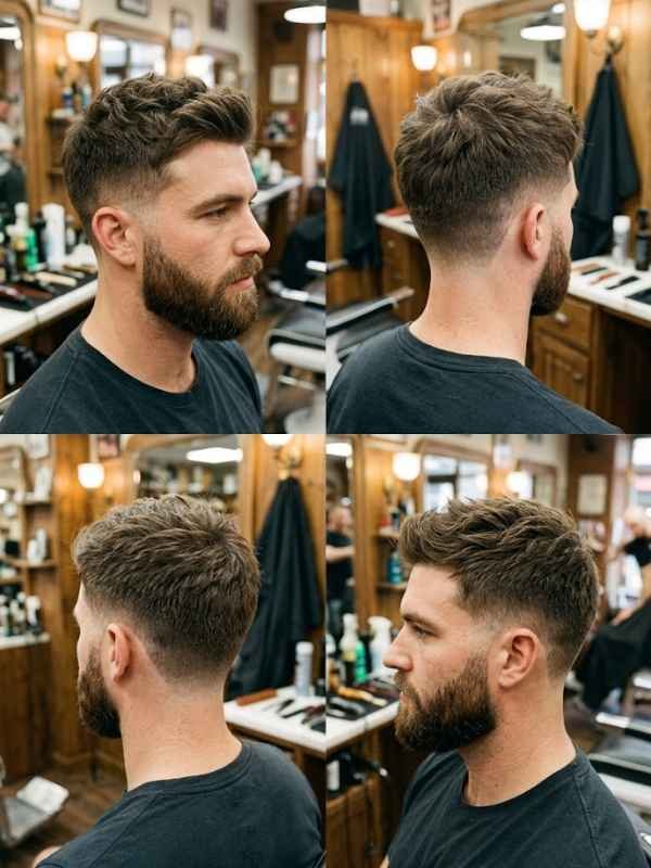 Textured or longer top with a beard fade